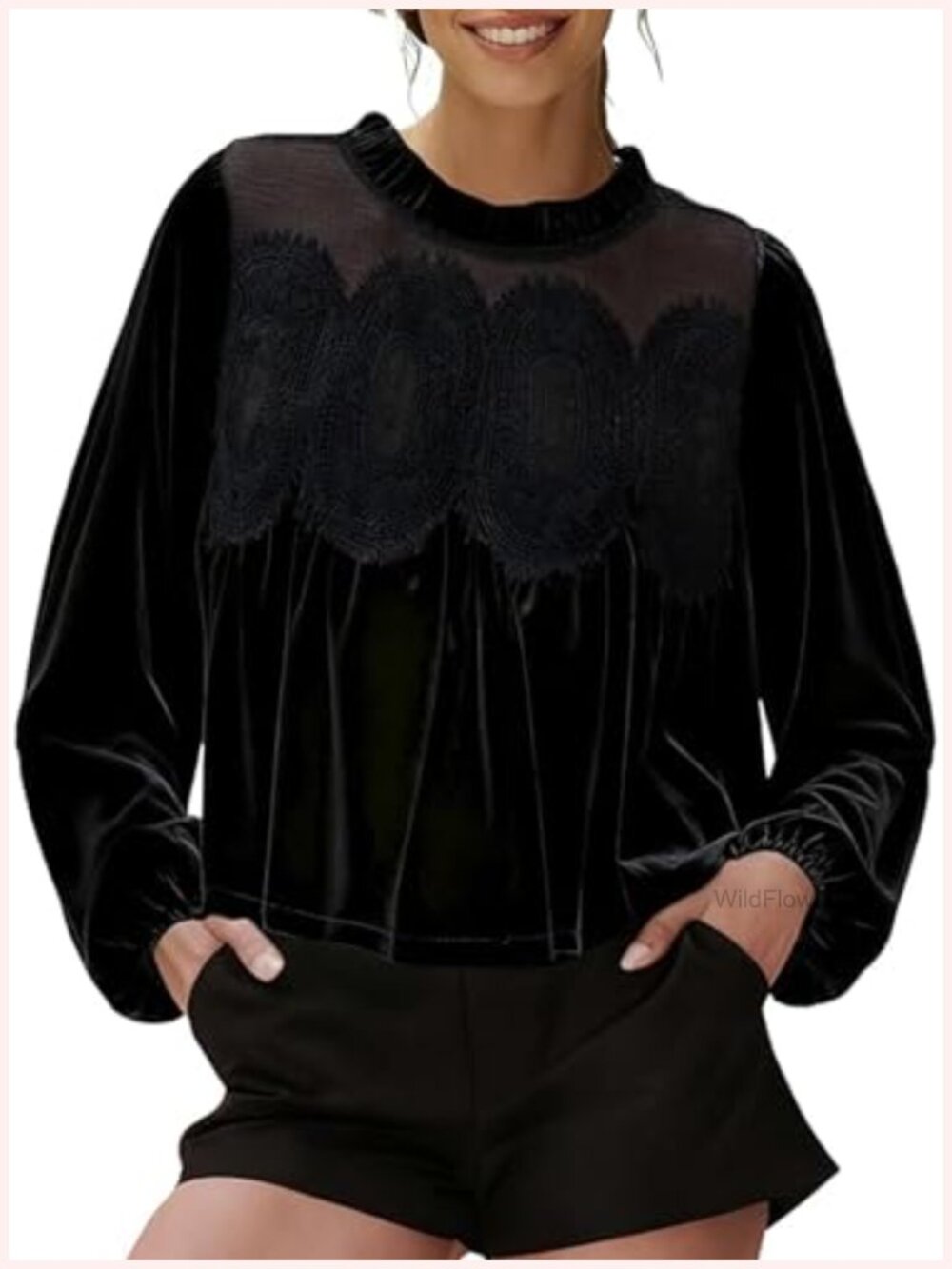 Velvet Lace Patchwork Mesh Top Elegant Babydoll Puff Sleeve Blouse Ruffle